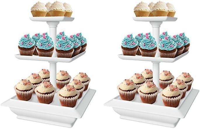 Chef Buddy 3-Tier Cupcake Stand - Square Display Stand for Birthday, Tea Party, Wedding, or Baby Showers - Dessert Table Display Set (White) (Pack of 2) 