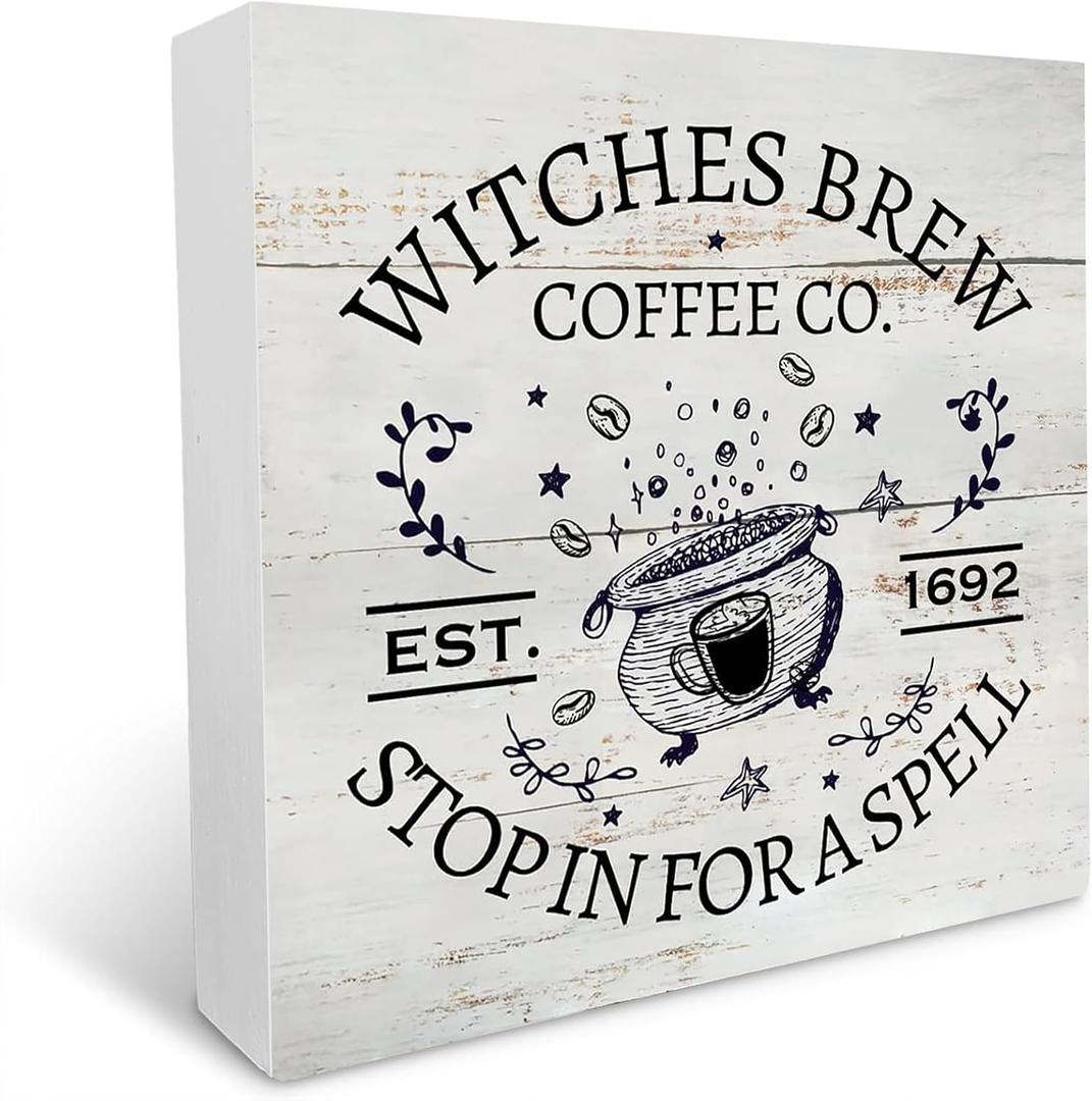 Rustic Witches Brew Coffee Wood Box Sign Fall Coffee Wooden Box Sign Halloween Sign Farmhouse Home Desk Shelf Decor 5" x 5",24nv21naA1773