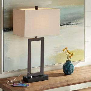 360 Lighting Todd Modern Minimalist Table Lamp with USB and AC Power Outlet in Base 30" Tall Bronze Rectangular Oatmeal Fabric Shade for Living Room Bedroom House Bedside Nightstand Home
