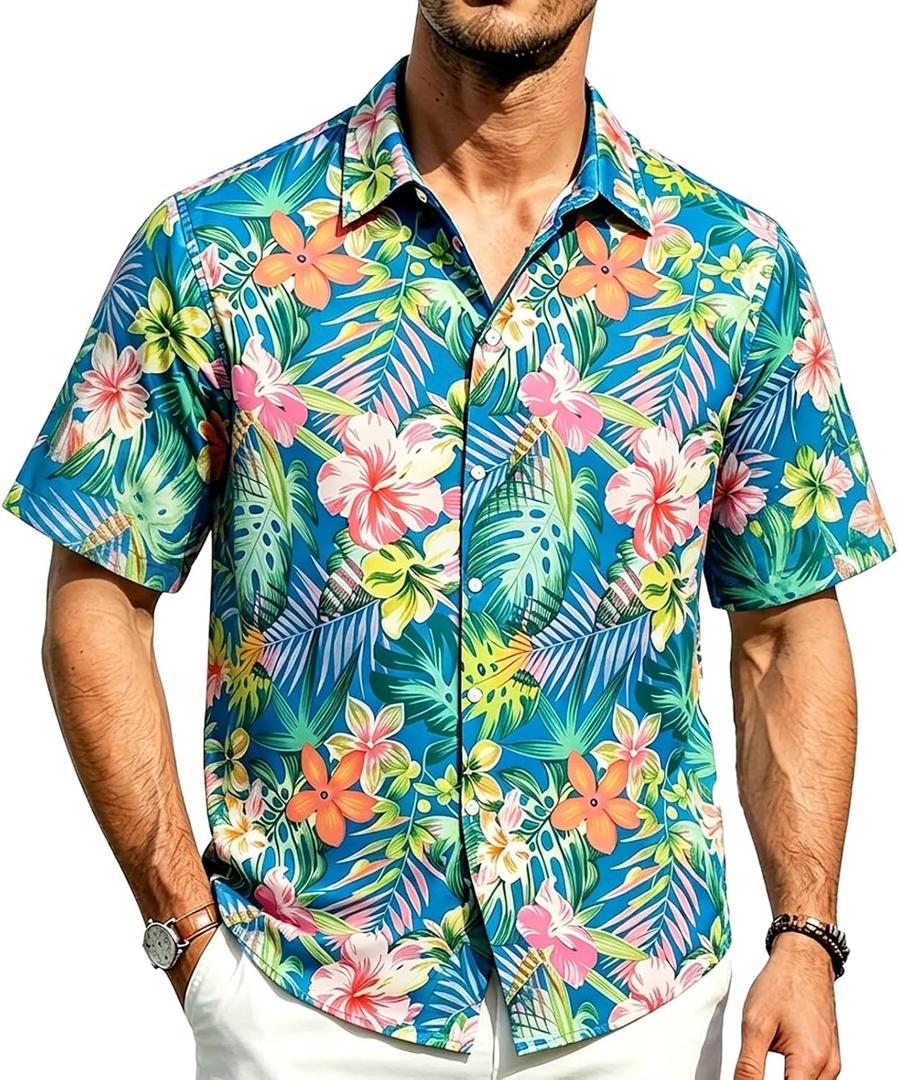 SNZ Mens Short Sleeve Hawaiian Shirt Summer Lightweight Beach Shirts (S)