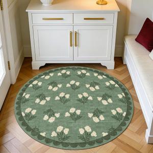 Sage Green 3ft Entryway Round Rug - 3x3 Small Washable Boho Floral Scalloped Round Bathroom Rug Non Slip Front Door Mat Indoor Stain Resistant Circle Area Rugs for Bedroom Entryway Kitchen