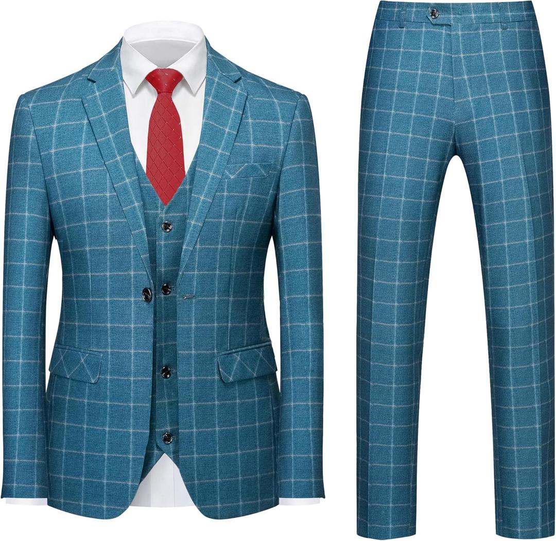 MOGU Mens 3-Piece Slim Fit Plaid Suit - Blazer, Vest, and Pants Set for Wedding, Prom, and Business (40, Sea Blue)