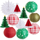 OBBOLO Christmas Hanging Decorations, 12 PCS Paper Lanterns, Honeycomb Christmas Trees, Hanging Paper Fans, Red Green Gold White Holiday Party Supplies for Home Xmas Holiday Party