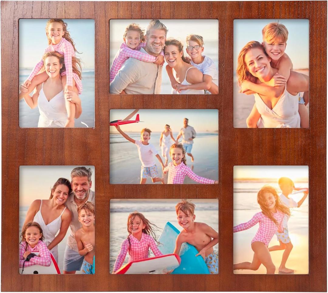 Picture Frame Collage 5x7 Photos Display - 7 Openings Photo Collage Picture Frame Wall Decor for Wall Mounting Vertically or Horizontally Frames for Wedding Anniversary-Dark Brown, 19.4x17.4 inches
