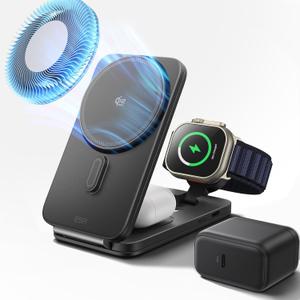ESR 3 in 1 Charging Station for Apple, Qi2.2 25W MagSafe Charger with CryoBoost, Phone-Cooling Wireless Charging Station Foldable, for iPhone 17/16 with iOS 26(50W Adapter), AirPods, Apple Watch, Black