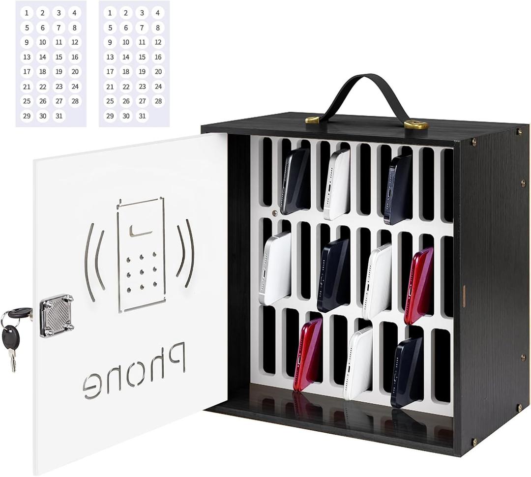 HZE Wooden Cell Phone Holder Classroom, 31 Slots Cell Phone Storage Cabinet Pocket Chart with Handle, Desktop Cell Phone Storage Box with Security Lock for Classroom Office (Black)