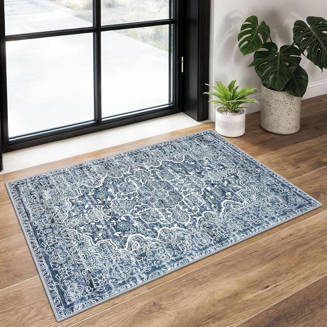 KUTA Entryway Rugs Indoor Non-Slip Washable Small Area Rug 2x3 Blue Entrance Carpet Soft Printed Vintage Floral Distressed Tribal Farmhouse Low-Pile Door Mat for Bedroom Kitchen