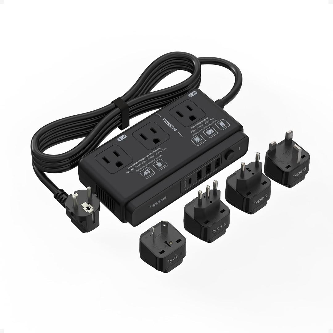 220V to 110V Converter, TESSAN Travel Voltage Converter with 4 USB Ports (1 USB C), 3 AC Outlet and EU UK AU IT Universal Travel Adaptor, Step Down Transformer Power Outlet Adapter Combo Black