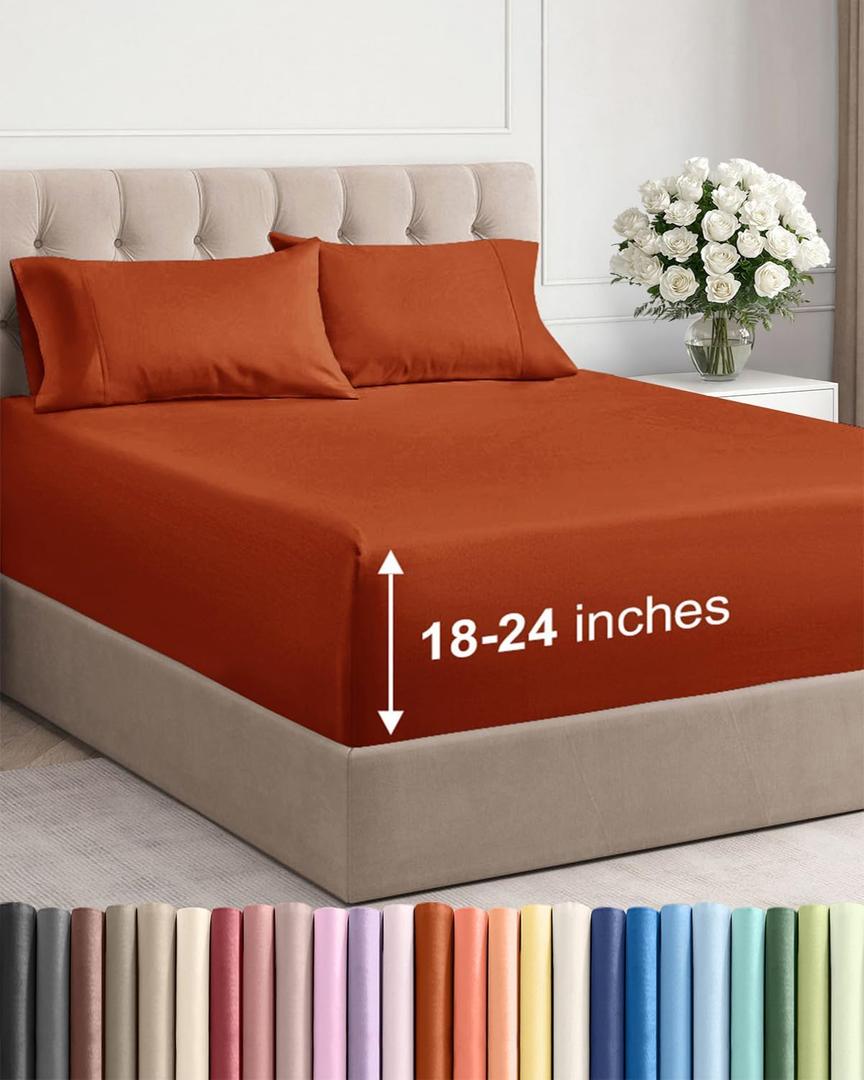 Extra Deep Full Sheet Set - 4 Piece Breathable & Cooling Bed Sheets - Easily Fits 18 to 24 inch Mattress - Ultra Soft, Wrinkle & Fade Free with Extra Deep Pockets - Hotel Luxury Bedding - Terracotta
