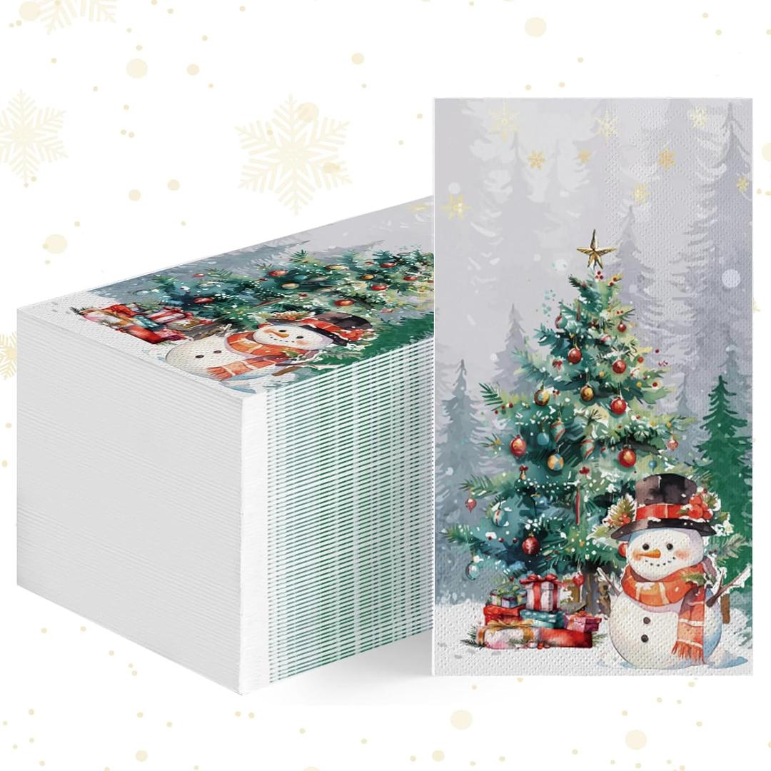 100 Pcs Christmas Snowman Napkins, 3 Ply Disposable Guest Paper Napkins for Xmas Tree Decorative, Winter Christmas Cocktail Guest Hand Towel for Party Lunch Dinner Kitchen Bathroom