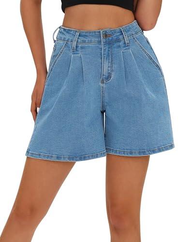 roswear Women’s Wide Leg Denim High Waisted Stretchy Loose Jean Shorts Blue, Large