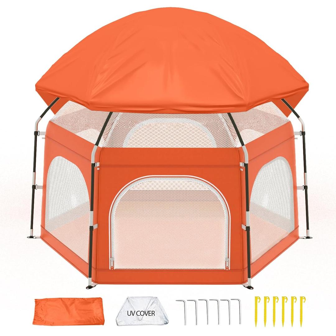 Baby Playpen with Canopy, Portable Outdoor & Indoor Baby Beach Tent for Babies and Toddlers, Foldable Play Yard with Mosquito Net, Travel Play Yard Includes Sand Stakes & Carry Bag