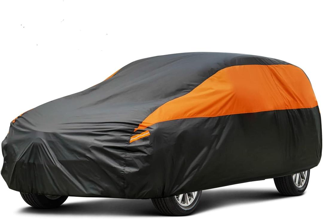 SUV Car Cover for Automobiles All Weather Waterproof, Universal Fit Buick Encore, Chevrolet Trax, Ford Escape, Jeep Compass, Kia Sportage, Nissan Kicks, Subaru Forester etc. (1 Fit SUV-Length (Up To 181"), Black-Orange)