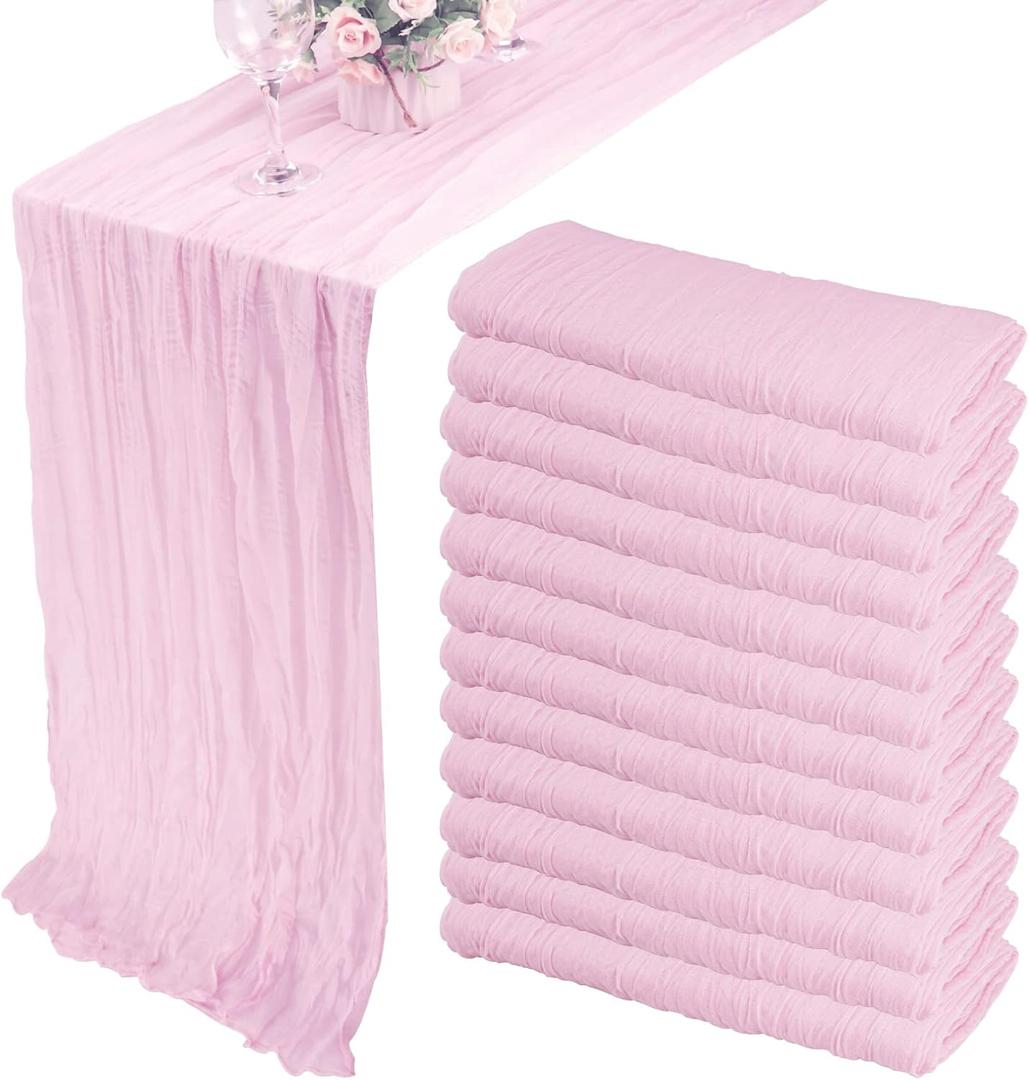 12 Pack 10Ft Cheesecloth Table Runner 35x120 Inch Boho Gauze Table Runner Rustic Cheese Cloth Long Romantic Table Runners for Wedding Bridal Shower Birthday Party Table Decor (Pink Purple)