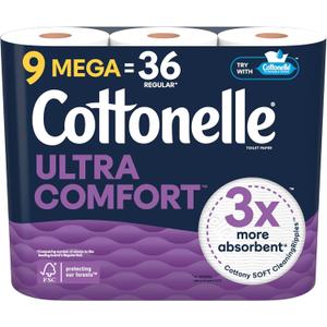 Cottonelle Ultra Comfort Toilet Paper, 9 Mega Rolls = 36 Regular Rolls, Packaging May Vary