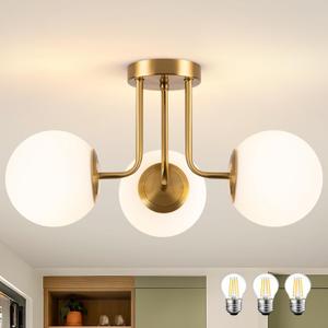 3-Light Frosted Globe Glass Ceiling Lights, Modern Semi Flush Mount Ceiling Light, Gold Sputnik Chandelier Lighting Fixture for Bedroom Living Room Entryway (Bulb Included), Gold