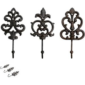 Vintage Decorative Cast Iron Wall Hooks  Set of 3 Heavy Duty Vintage Hooks for Hanging Coats, Towels, Keys & Bags  Antique French Country Farmhouse Decor  Rust Resistant with Easy Mounting Kit