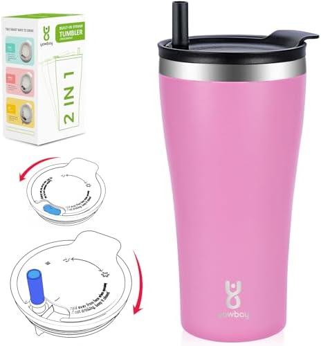 Yawbay Insulated Coffee Tumbler With Built-In Straw, 20 oz Travel Coffee Mug With 2-In-1 Lid, Spill Proof Tumbler With Straw, Stainless Steel Double Wall Vacuum Ice Coffee Thermal Cup (Pink)