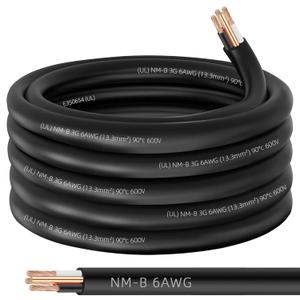 NM-B 6/3 Wire with Ground,25ft 6/3 NM-B Wire Copper 6 AWG 3 Conductor with Ground, Nonmetallic Sheathed NMB Cable,6-3 Residential Indoor Electrical Wiring for Branch Circuit Switch, Outlet, Other Load