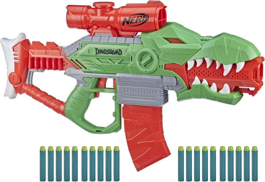 Nerf DinoSquad Rex-Rampage Motorized Dart Blaster, 10-Dart Clip, 20 Official Darts, 10-Dart Storage- T-Rex Dinosaur Design