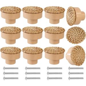 12 Pack Boho Rattan Dresser Knobs Handmade Wooden Drawer Knobs Durable Beech Wood Drawer Pulls, with 24 Screws Wicker Woven Pulls for Cabinets, Furniture