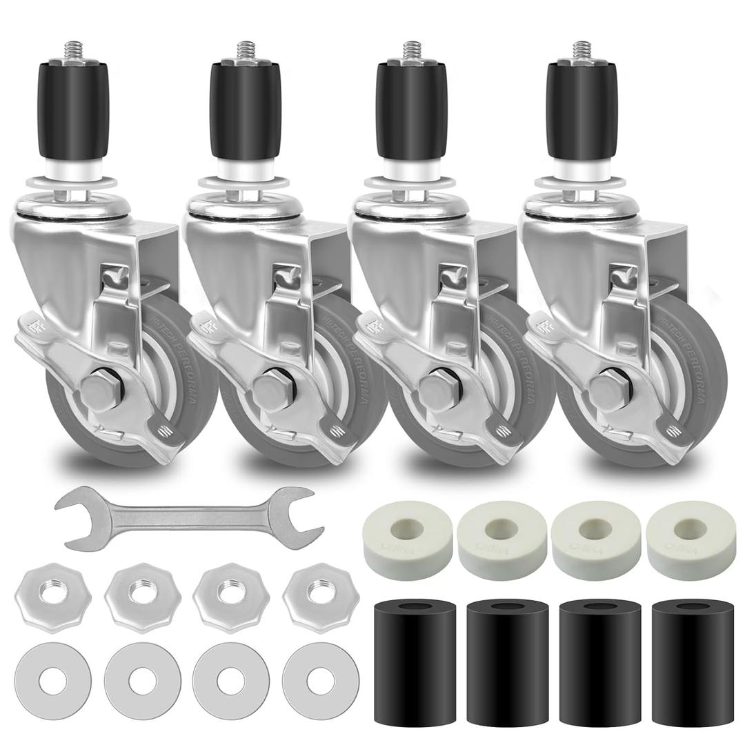 3 Inches Prep Table Wheels, Expanding Stem Caster Wheels Set of 4 with Side Brake, fit for 7/8" and 1" ID Tube Leg for Stainless Steel Worktable, Cart, Furniture Legs, Commercial Kitchen Prep Table