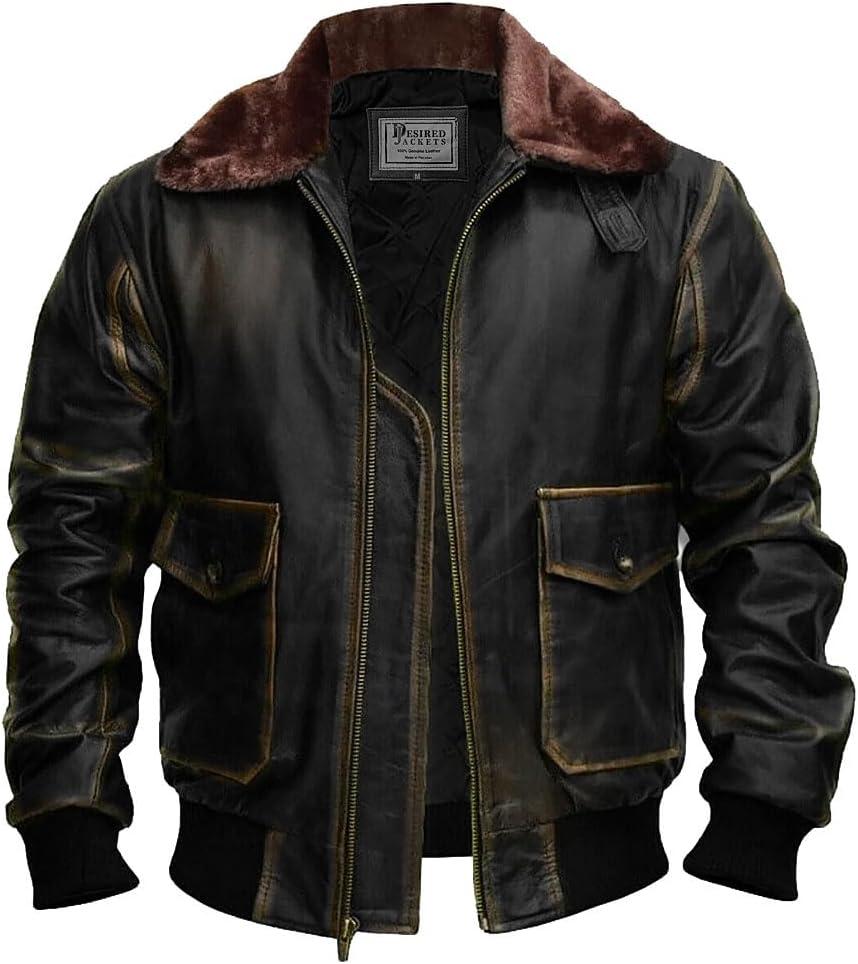 Mens G-1 Fur Collar US Navy Flight Distressed Brown Aviator Genuine Leather Jacket (Brown, M)