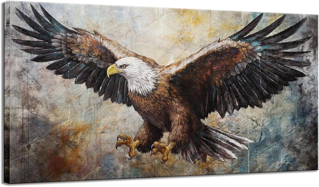 KLVOS Eagle Canvas Wall Art Vintage Flying Bald Eagle Pictures Motivational Animal Wildlife Canvas Prints Wall Decor Gallery Wraps Framed for Bedroom Living Room Office Decoration 24x48inch