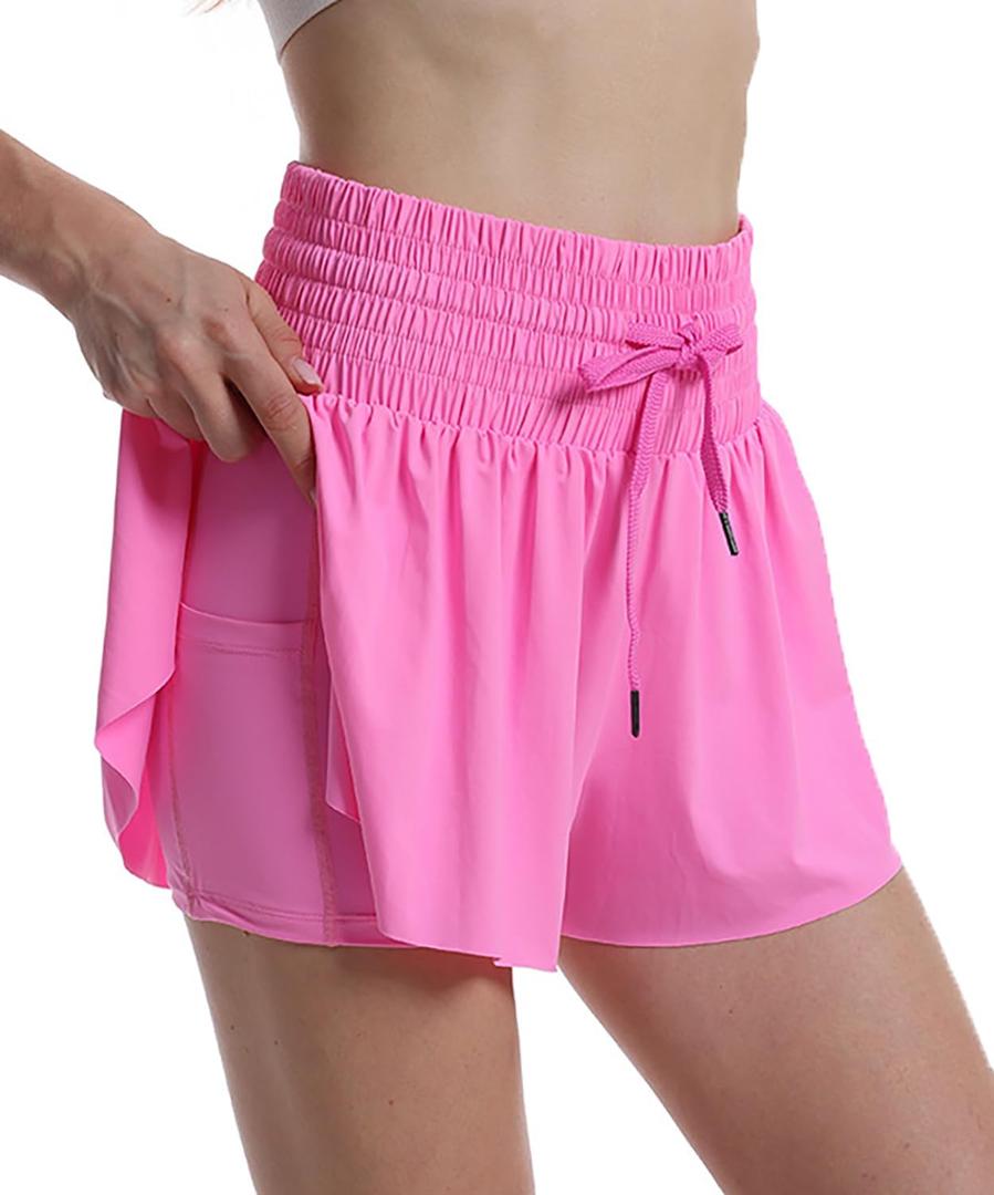 Butterfly Shorts Womens High Waisted Flowy Athletic Short with Underneath (Pink, XS)