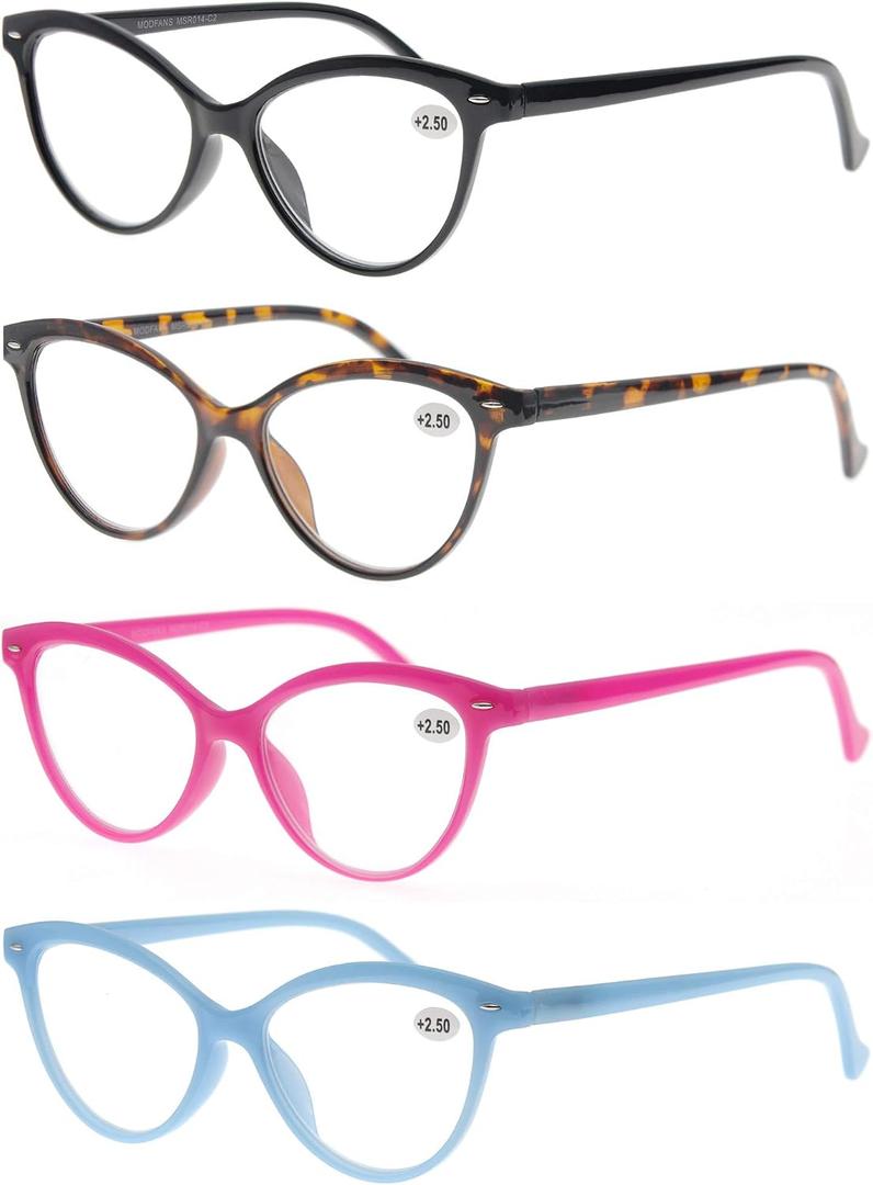 MODFANS Women Reading Glasses 3.0 4 Pack Fashion Colors Cat Eye Readers for Ladies Compact Spring Hinge Lightweight Frame Includes Pocket