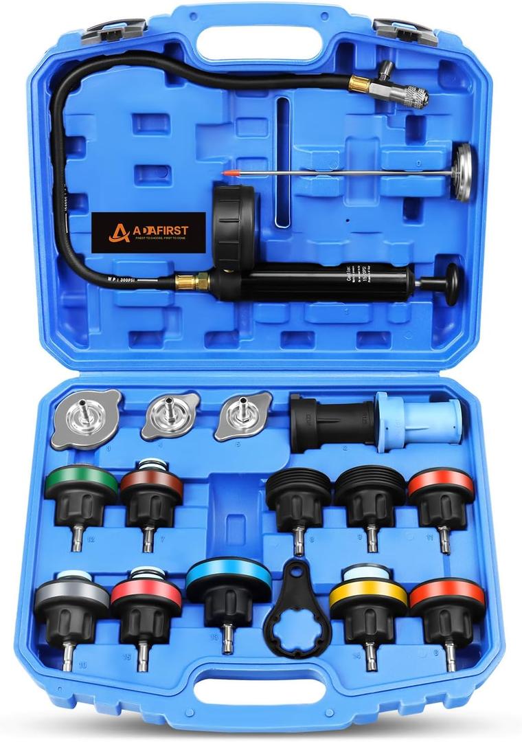Radiator Pressure Tester Kit, 18PCS Automotive Water Tank Manual Pump Pressure Test Tool and Adapters Work on Cooling System Leak Down Detection for Cars Motorcycles Trucks Airlifts, Blue