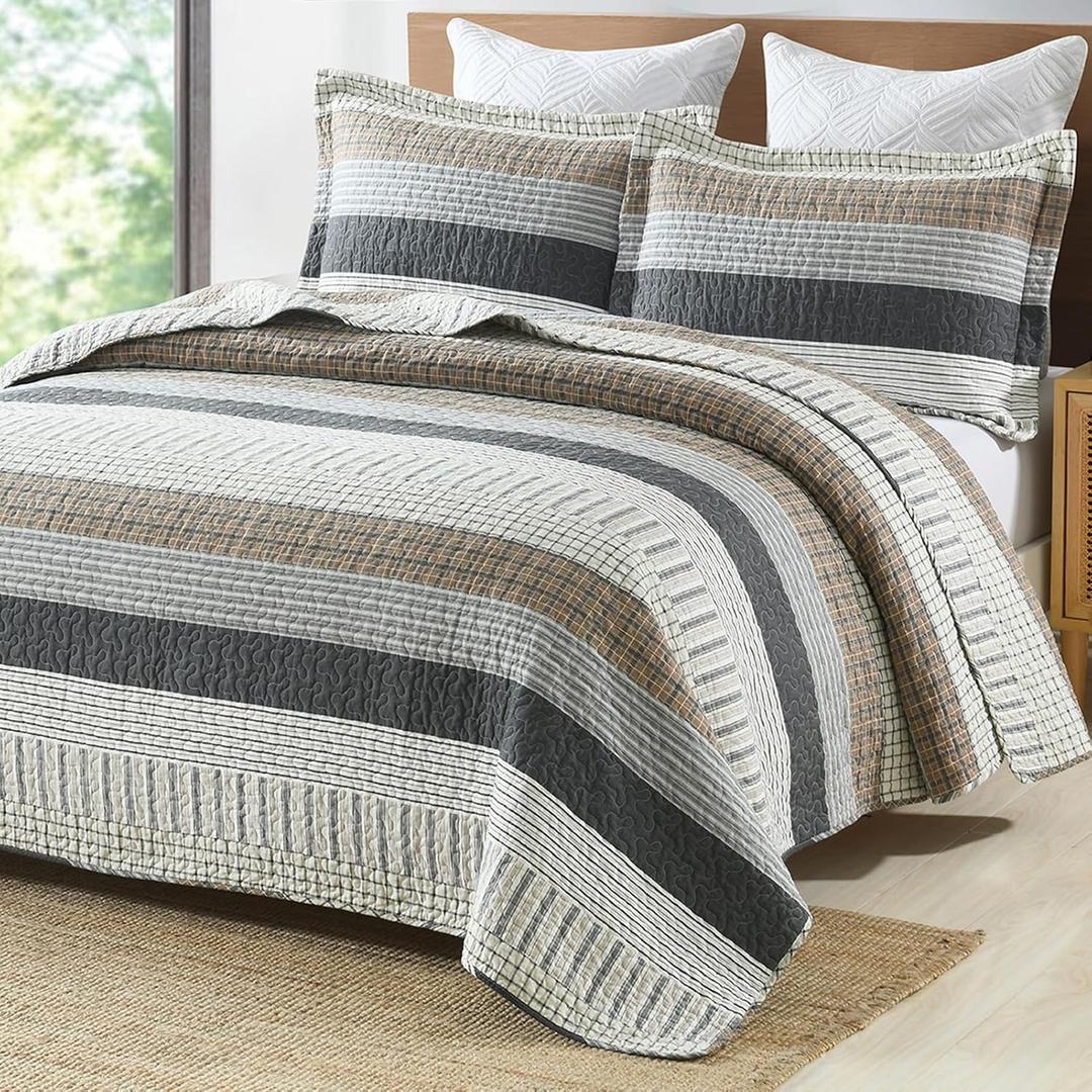 PANGUSHAN 100% Cotton Quilt Set Queen Size, Patchwork Queen Quilt Bedding Set Bedspreads, Farmhouse Lightweight Comforter Reversible Quilt, White/Brown/Grey Bed Spread for All Season, 3 Pieces (Queen(90"x98"))