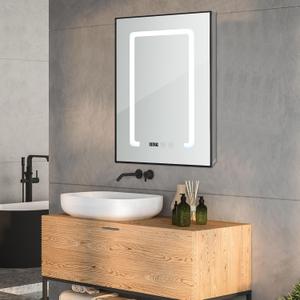 Wenqik LED Lighted Bathroom Mirror Cabinet - 16 x 24 Inch Wall-Mounted Medicine Cabinet with Mirror, Clock, Dimmer, Defogger & Room Temp Display(Single Door)
