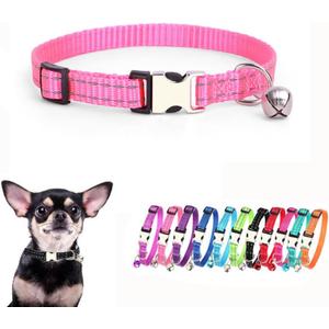 Puppy Collar with Bell, Reflective Nylon Metal Buckle Cat Collar with Bells for XXS XS Tiny Pet Little Dogs Girl Kitten Female Small Animal, Pink X-Small (XS for Neck 7.5-11")