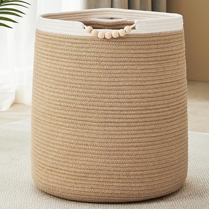90L Large Blue Woven Rope Laundry Hamper Basket for Clohtes Boho Tall Rope Baskets for Blanket Baby Nursery Hamper for Girls Kids 17"Wide 22"Tall