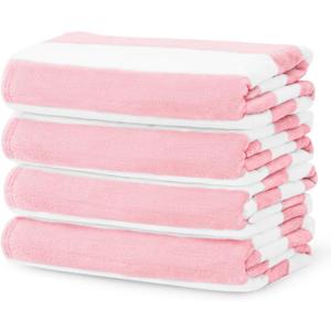 Touchat 4 Pack Cabana Stripe Beach Towel,30 by 60 Inches, Oversized Microfiber Towels Set for Pool,Super Absorbent Bath Towels for Bathroom,Kids and Adult,Pink