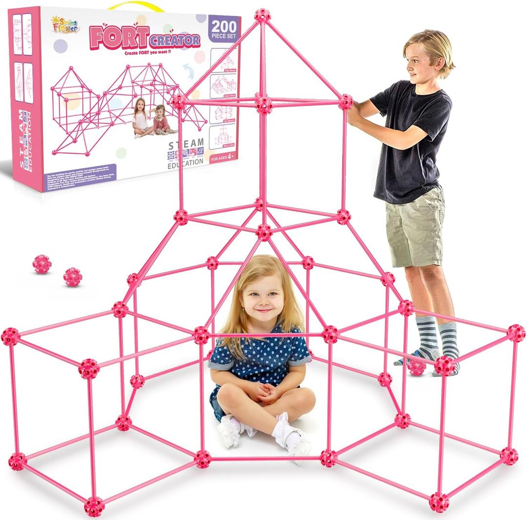 SpringFlower Fort Building Kit for Kids,STEM Construction Toys, Educational Gift for 4 5 6 7 8 9 10 11 12 Years Old Boys and Girls, Ultimate Creative Set for Indoor & Outdoors Activity, 200 Pcs, Pink