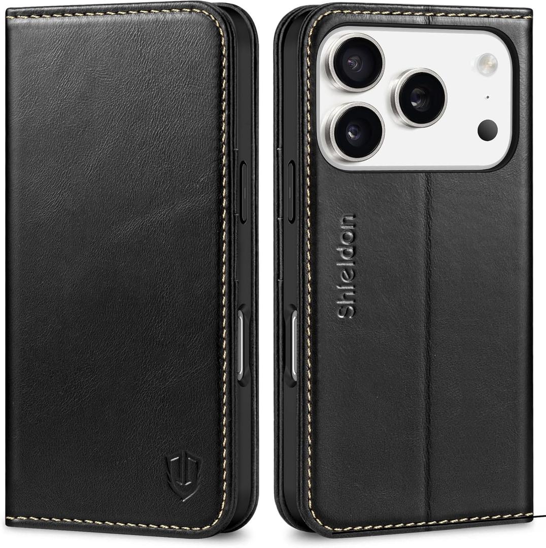 SHIELDON Case for iPhone 17 Pro 6.3-inch 2025 | Genuine Leather | Wallet Design | Flip Magnetic | Kickstand | RFID Blocking Card Holder | Shock Absorption Phone Cover for Women Men | Retro Black