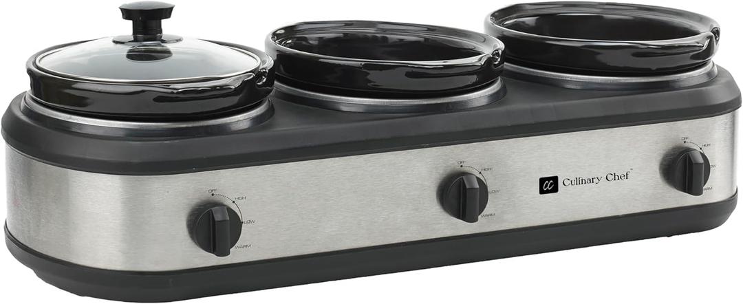 CULINARY CHEF, Triple Slow Cooker, Buffet Server 3 Pot, Food Warmer - Stainless, 2.5 Quarts
