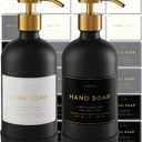 Hand and Dish Soap Dispenser for Kitchen and Bathroom, Set of 2 16 Oz Glass Bottles, Stainless Steel Pumps, Non-Slip Silicone Base, 27 Waterproof Labels (Matte Black Bottle/Brushed Gold Pump)