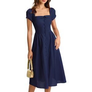 RIHOAS Casual Dresses for Women Short Sleeve Square Neck Midi Dress | Elegant,Botton,Puff Sleeve,A-Line,Cotton linen,Church,Vacation,Semi Formal,Beach,Retro,X Cross,Summer (Blue, L)