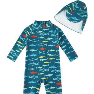 upandfast Baby/Toddler Swimsuit UPF 50+ Sun Protection One Piece Zipper Bathing Suit with Sun Hat Infant Beach Swimwear (3-6 Months, Peacock Blue Shark)