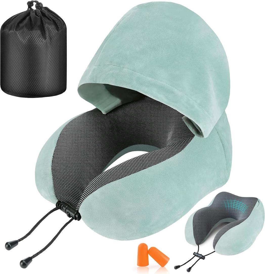 Travel Pillow, Neck Pillow for Travel with Hood for Airplane, Velvet Memory Foam Neck Pillow Adult Head & Neck Support, for Long Flights Plane, Office, Cars Sleeping & Rest (Green)
