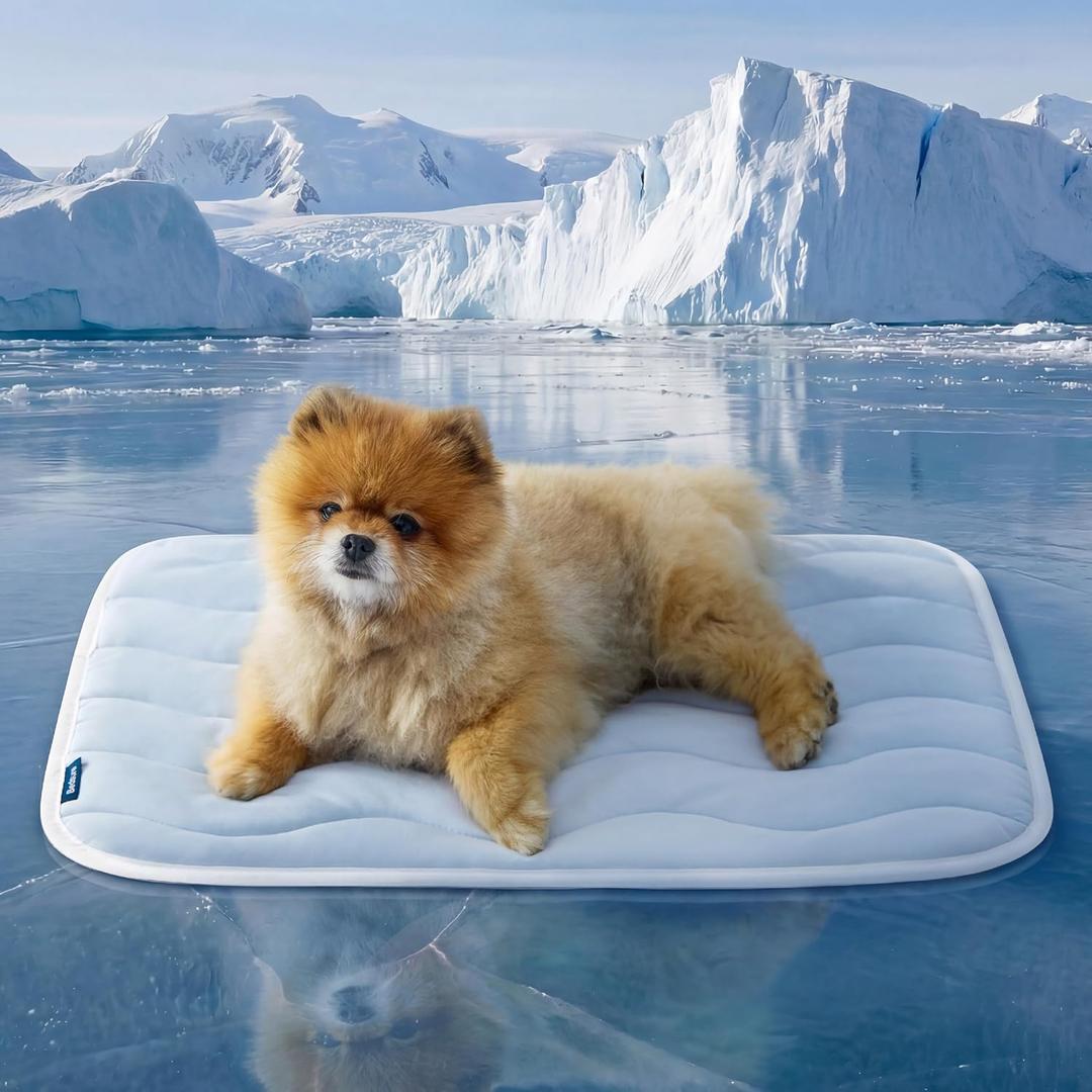 Bedsure Cooling Mat for Small Dogs - Q-Max>0.4 Thin Breathable Crate Pad Indoor for Puppy and Cat with Chill Cool Fiber and Non-Slip BottomPortable Washable Kennel Mat in Outdoor Summer, 24x18, Blue