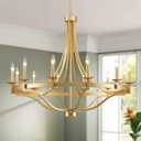 WUZUPS 12-Light Wagon Wheel Metal Candle Chandelier Round Pendant Ceiling Lighting Rustic Farmhouse Fixture Kitchen Island Dining Room, H 39.4" W10, E12 Base, Gold