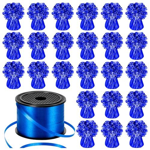 24 PCS Balloon Weights Metallic Anchor, Balloon Holder Heavy Weights with 1 Roll Blue Crimped Ribbon for Balloons Table Party Favor Birthday Decor(Blue)