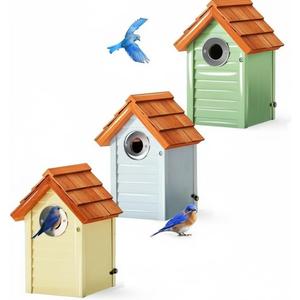 3pk Bluebird Bird Houses for Outside Clearance - Bird House for Wall Mounting - Tree Swallow Nest Box with Stainless Steel Predator Guard - Cedar Shingles Roof UV Painting