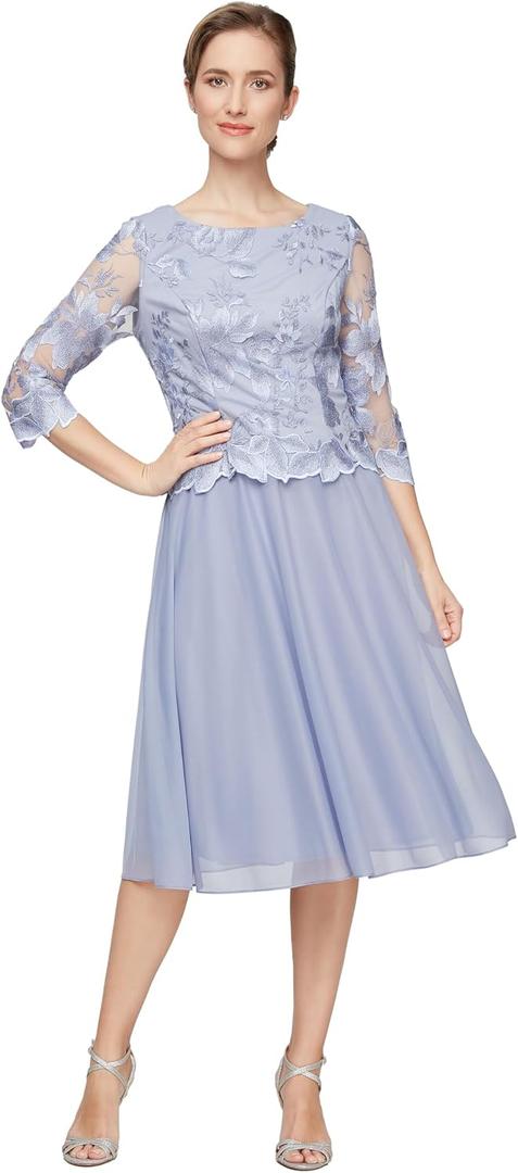 Alex Evenings Women's Tea Length Embroidered Bodice Mother of The Bride Gown, Wedding Guest Dress (size 14) (Purple)