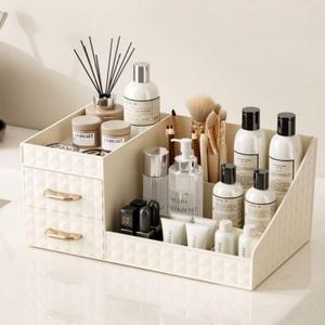 Clear Makeup Organizer for Vanity,Desk Makeup Caddy With Drawers for Cosmetics,Lipsticks Nail Care Skincare Jewelry Countertop Organizers,Cosmetic Display Cases for Bathroom, Dresser (Cream)