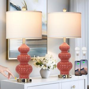 26" Triple Gourd Ceramic Table Lamps Set of 2,Modern Orange Bedside Lamps USB A+C Ports & AC Outlet -Ceramic Nightstand Lamps for Bedroom, 3 Way Touch Control Contemporary Living Room End Tables